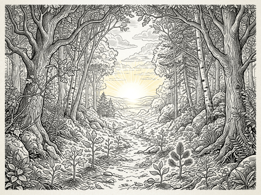 Illustrated forest path leading toward a glowing sunset and distant hills