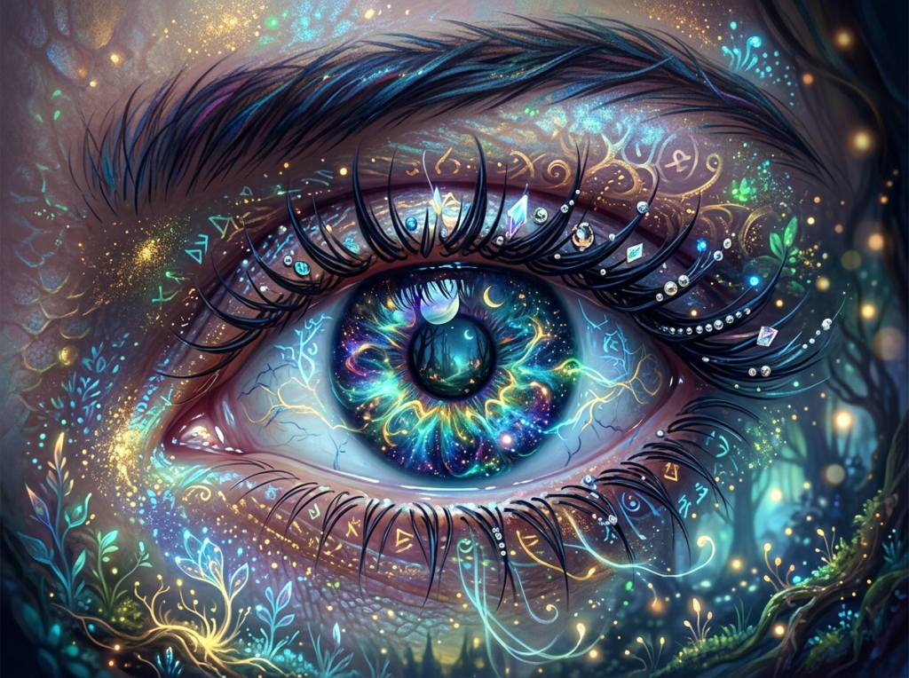 Surreal glowing eye surrounded by celestial symbols, plants, and sparkling jewels