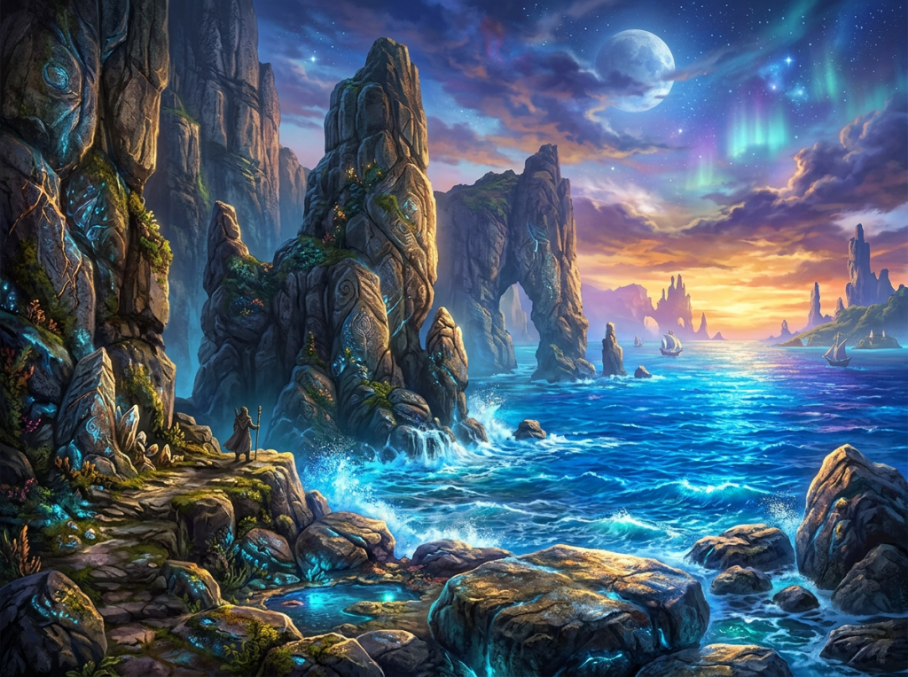 Lone traveler overlooking glowing sea between towering rocky cliffs