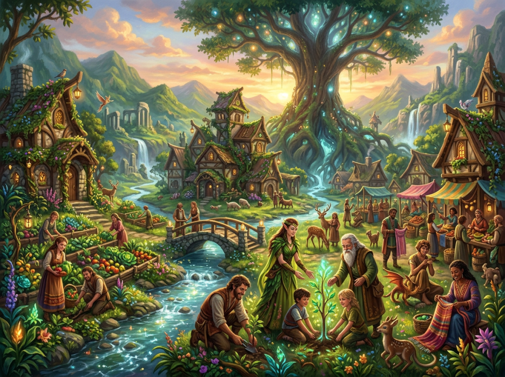 Fantasy village with glowing tree, market, villagers, stream, and mountains