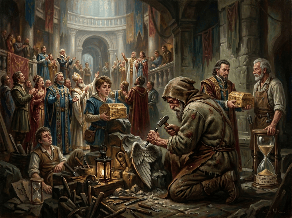 Medieval sculptor carving a dragon statue in a decorated hall