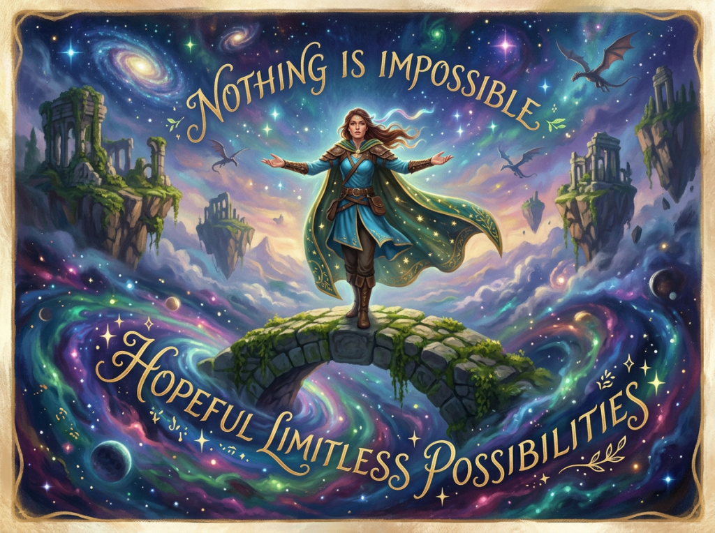Fantasy adventurer on a mossy bridge with text: “NOTHING IS IMPOSSIBLE” and “HOPEFUL LIMITLESS POSSIBILITIES.”