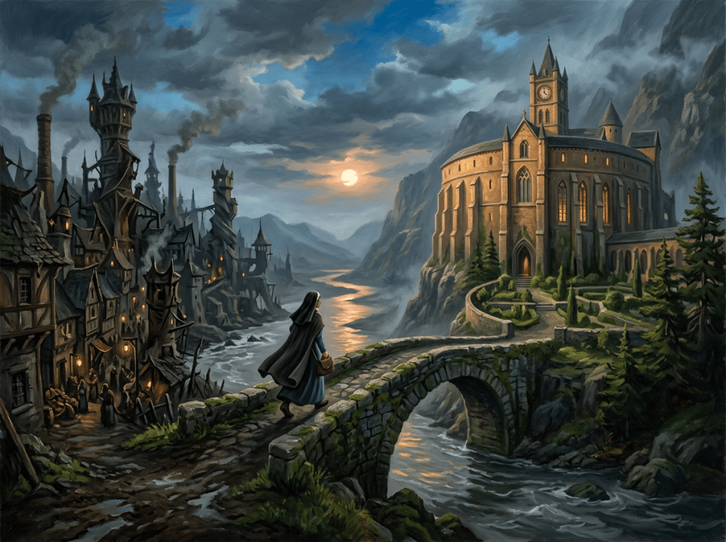 Cloaked traveler crossing a bridge between a dark town and cathedral